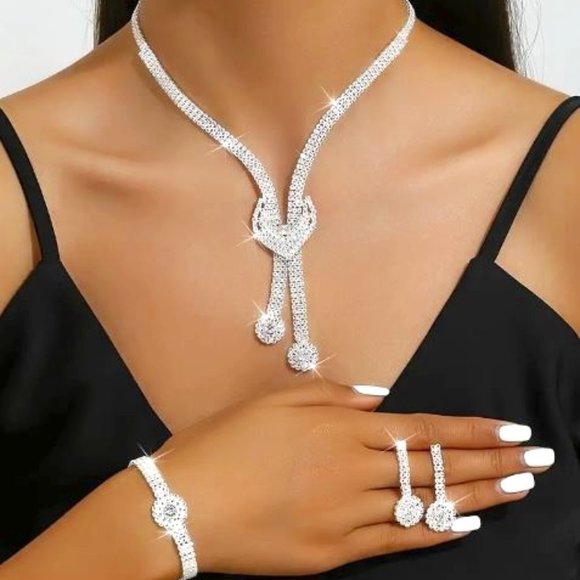 B45-Beautiful Knot Rhinestone Set Necklace-Earrings-Bracelet